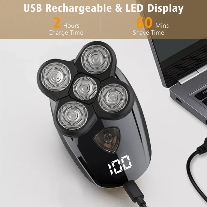 5-in-1 Electric Razor IPX7 Waterproof for Bald Men Wet/Dry LED Display Rechargeable 5D Rotary Shaver Grooming Kit Head Shavers electric shaver