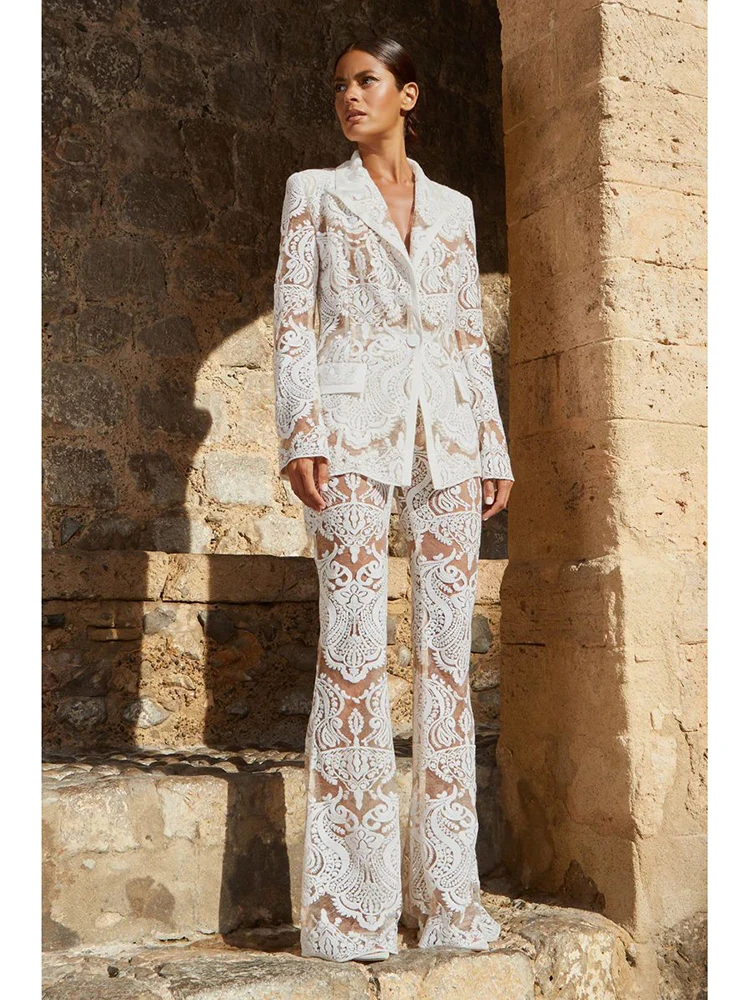 

HIGH STREET Newest 2023 Designer Runway Suit Set Women's Single Button Guipure Lace Sequined Blazer Pants Suit