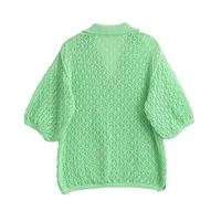 Women Fashion Jacquard Solid Knitted Hollow Out Pullover Sweater Vintage Lapel Neck Short Sleeve Female Chic Lady Tops - Image 2