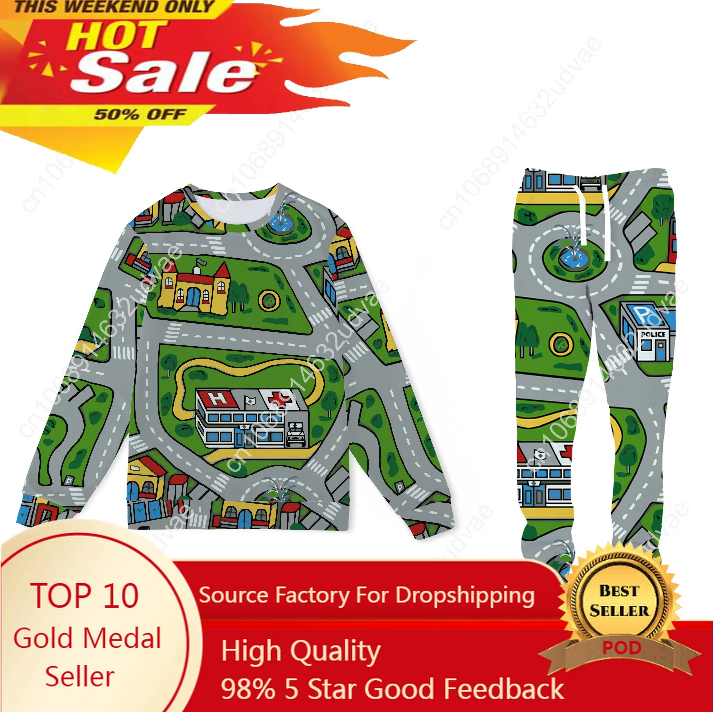 

Real US Size Toy Car city Map Warm And Comfortable Sweatshirt+Jogger Pants Sets