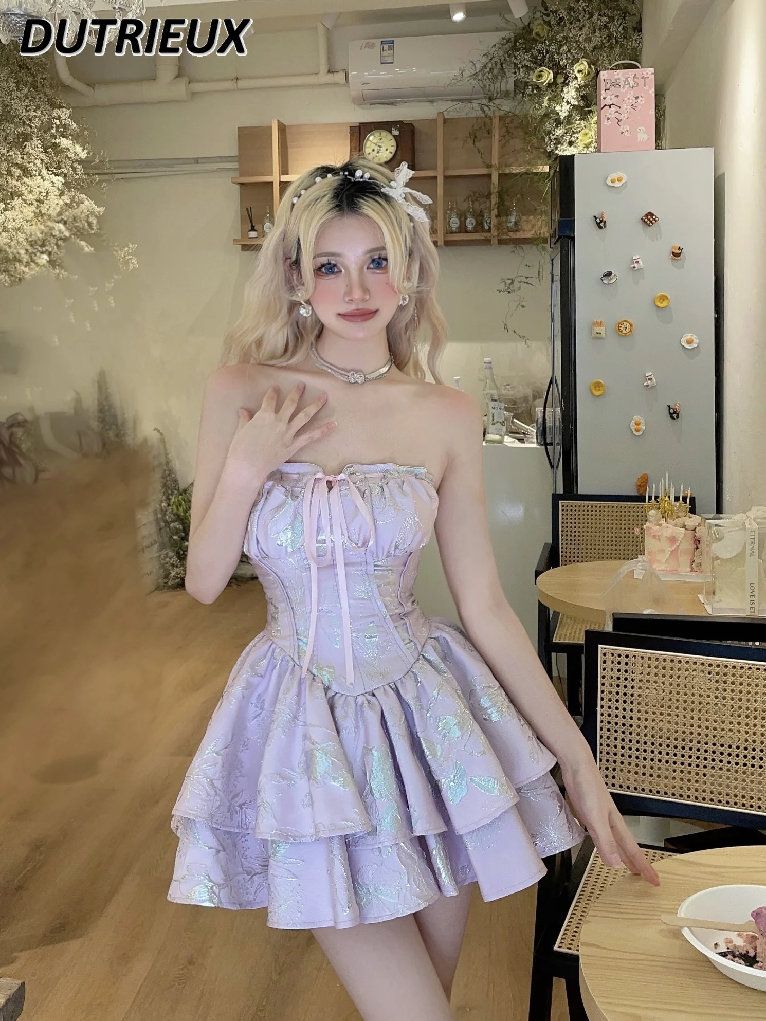 Sweet Girl Pure Desire Shiny Pink Strapless Short Dress Summer Bright Silk Jacquard Lace-up Puffy Tube Top Cake Dresses