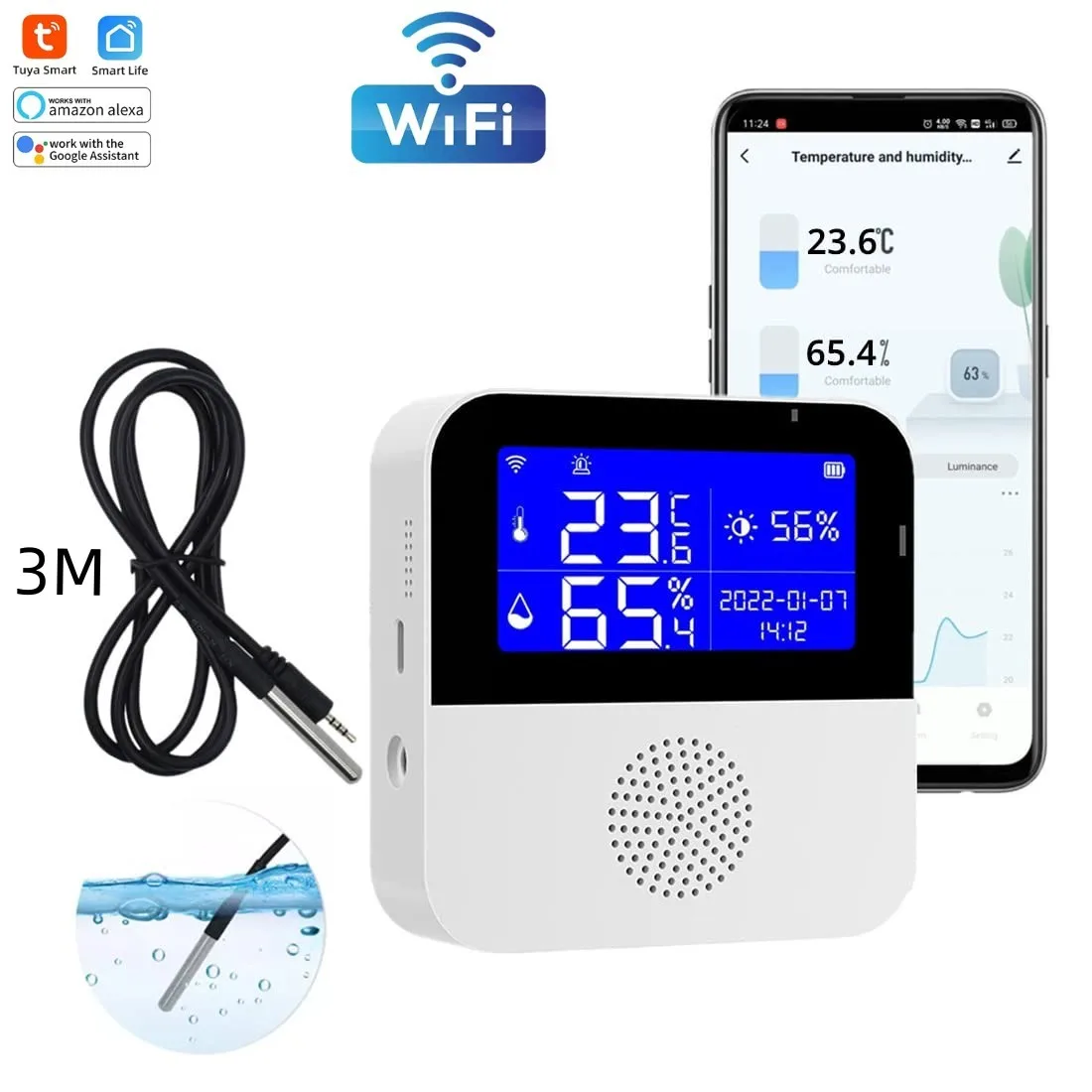 WiFi Hygrometer Thermometer Sensor with External Probe,Aquarium  Thermometer,Wireless Digital Monitor Real-time sync Update, Backlight  LCD,Work with
