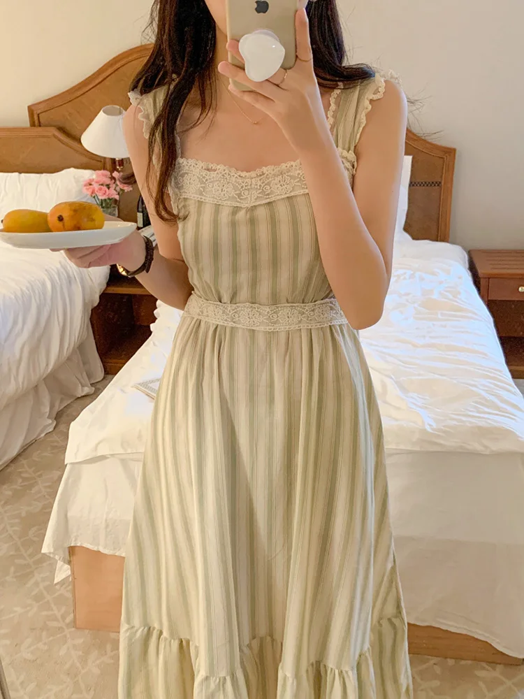 Striped Sleeveless Korean Style NightDress Women Vintage Home Sweet Lace Kawaii Elegant Casual One word collar Comfortable Ins