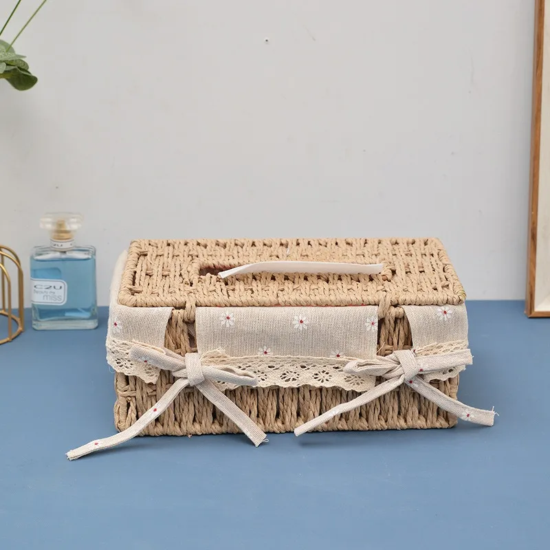 Grass Woven Tissue Box Drawstring Box Living Room Napkin Box Creative Fabric Extraction Solid Wood Tissue Storage Box 3