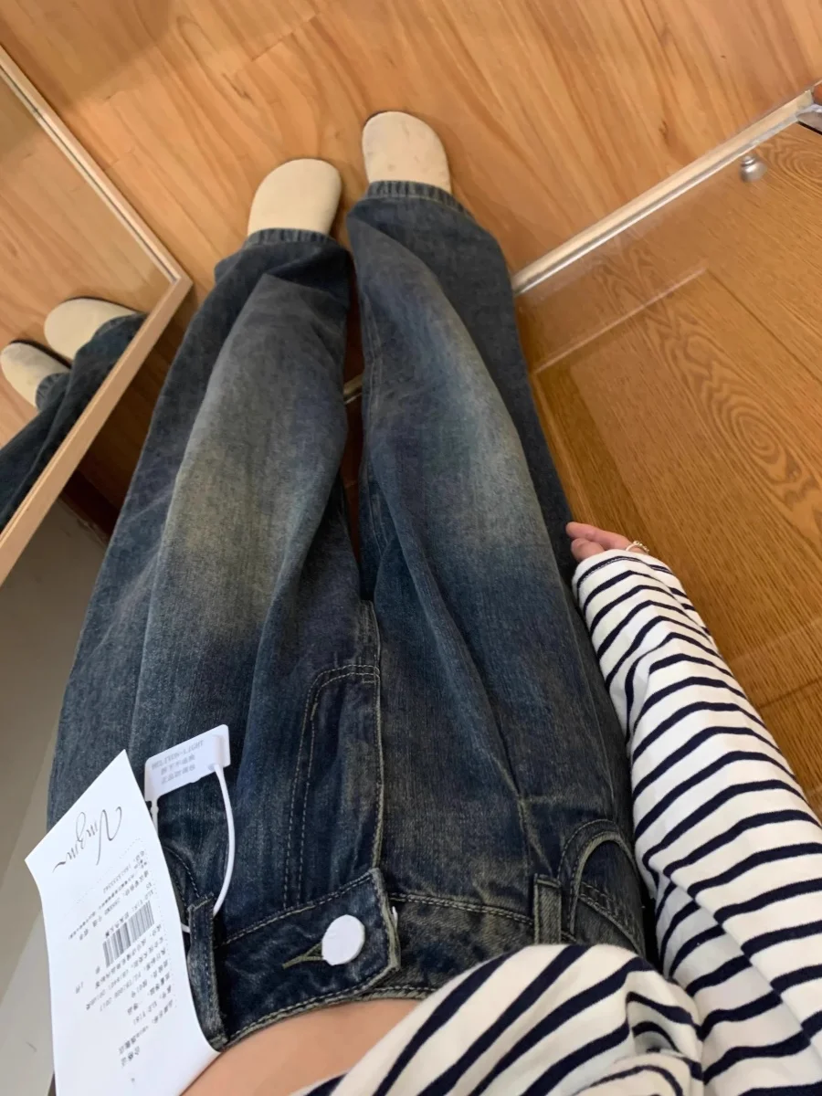 Retro Wide Leg Denim Jeans Women's Spring Autumn Cement ey Loose Fit High Waist Large Size Straight Leg Pants American Sle