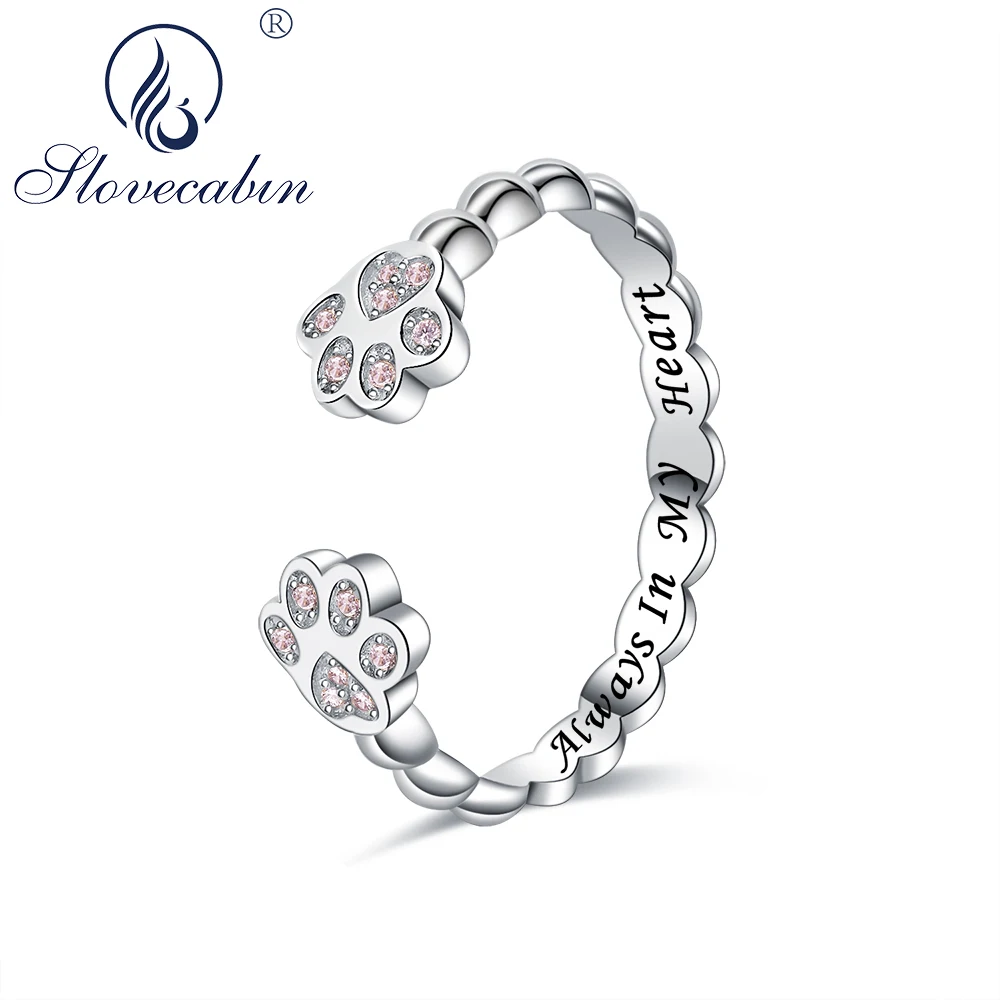 

Slovecabin 925 Sterling Silver Open Dog Paw Finger Ring With Pink Cubic Zircon For Women Always In My Heart Valentine's Gift
