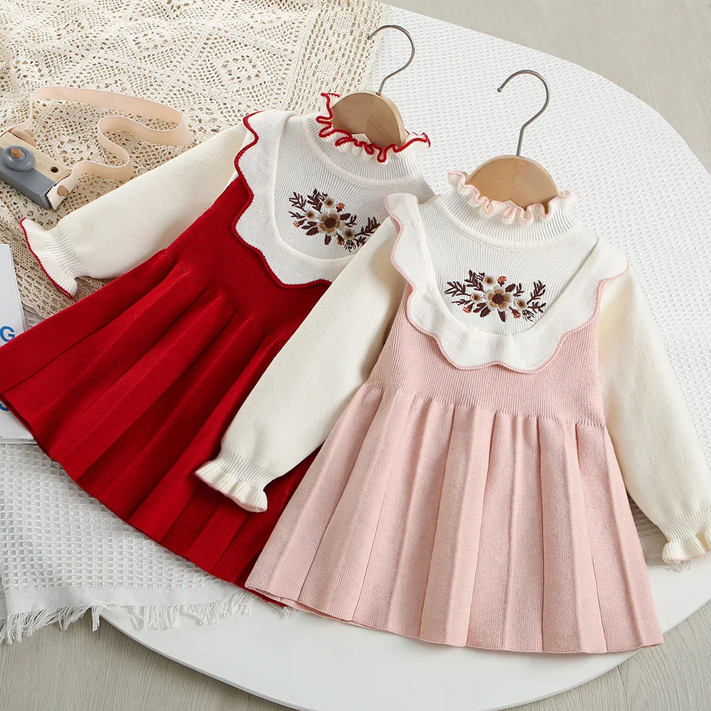 Knitted Girls Dress with Embroidered Flowers