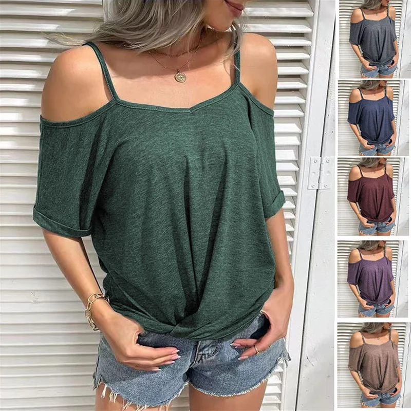 

Women's 2022 New Camisole V-Neck Solid Color Sexy Off-The-Shoulder T-Shirt Fashion Plus Size Short Sleeve Loose Casual Top