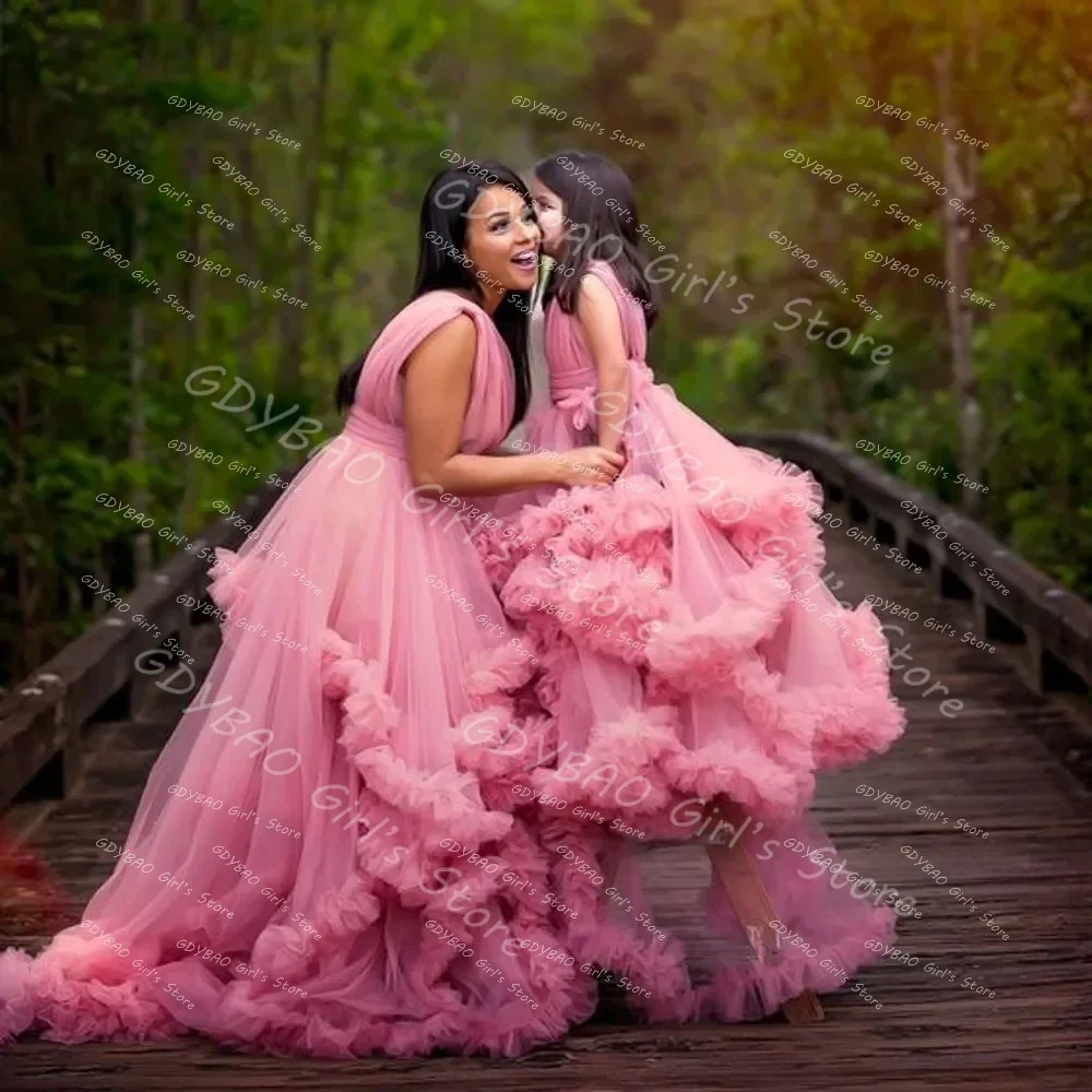 Princess Mother and Daughter Dress V Neck Ruffles Tulle Mommy Girls Party Birthday Dress Kids Long Flower Girl