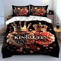 Parure de lit 3 pièces King Queen Crown Heart, housse de couette et taies d'oreiller imprimées roses dorées, linge de lit romantique pour chambre de couple 2