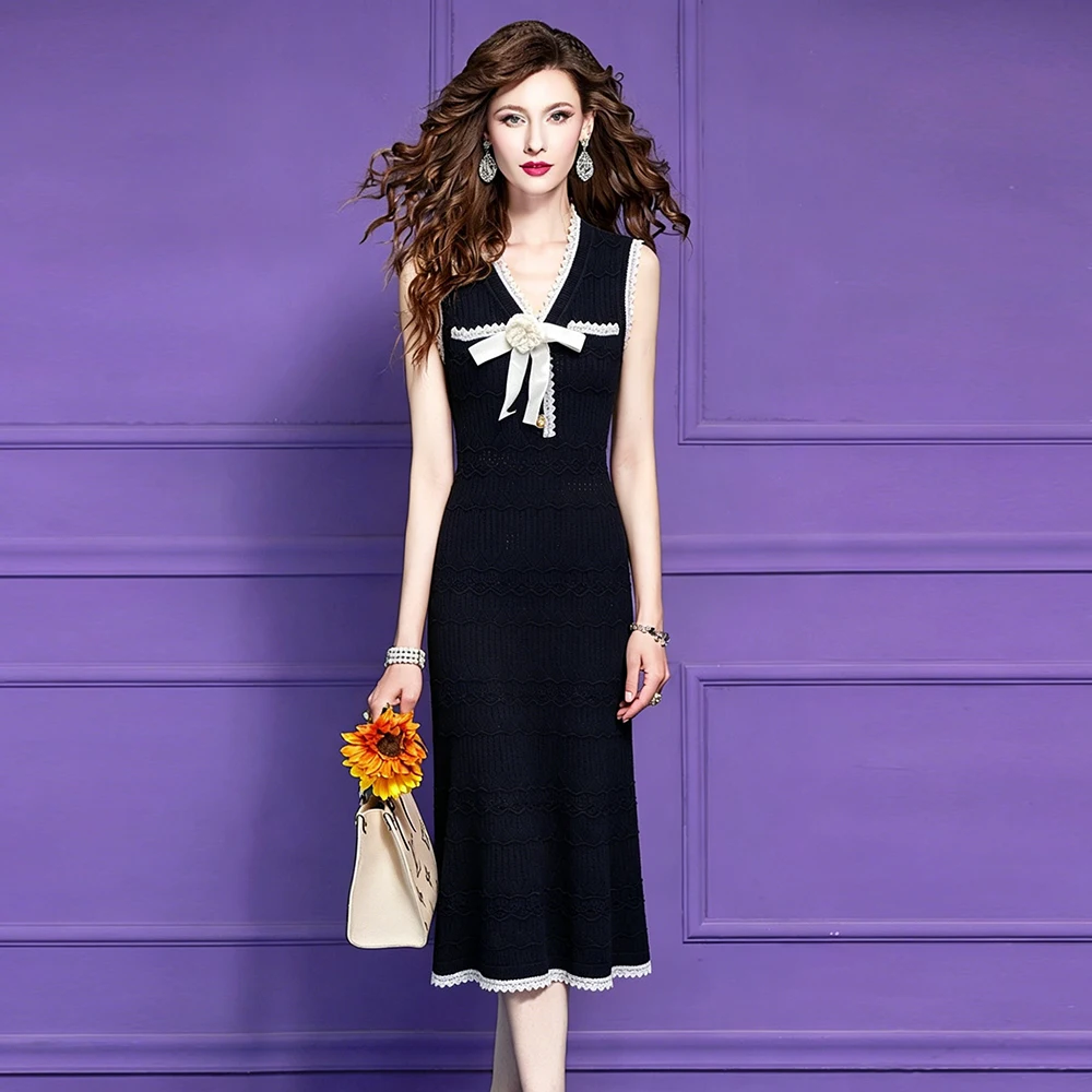 ZJYT Elegant Women's Summer Knitted Dress 2026 New Designer V Neck Floral Sleeveless Long Maxi Dresses for Party Evening White 3