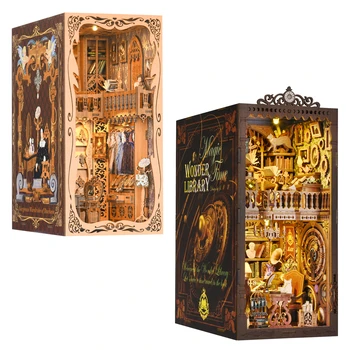 3D Iluminado De Madeira Bookend Kit, DIY Livro Nook Kit, Magic World Mini Dollhouse Modelo, Estante Inserir Decoração, Edifício Bookend