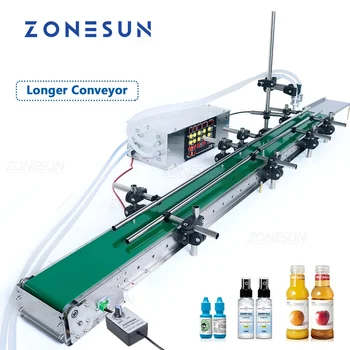 ZONESUN 물 음료 커피 ZS-DPYT200L 자동 2 헤드 액체 필러, 1.2m 벨트 컨베이어, 내열성 병 필러