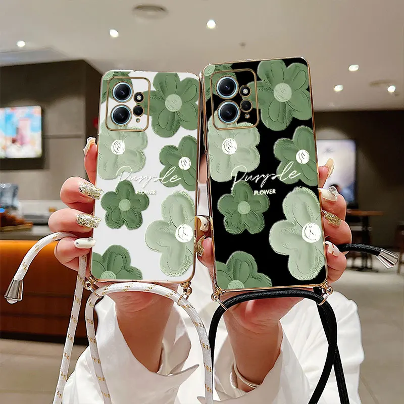 

Green Flower Lanyard Plating Phone Case For Xiaomi Redmi Note 12 12Turbo 12S 12Pro 12R 11Pro 12ProPlus 11 11S 10Pro 10T 10 Cover