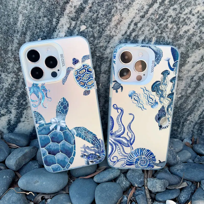 Sea Blue Turtle Design Laser-Engraved Phone Case with Cool Ocean Pattern