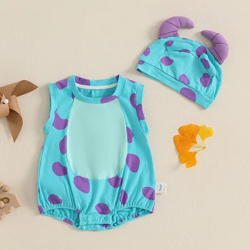 Estate adorabile neonate ragazzi pagliaccetto cartone animato animale stampa coda girocollo tute senza maniche cappello da dinosauro set da 2 pezzi 1