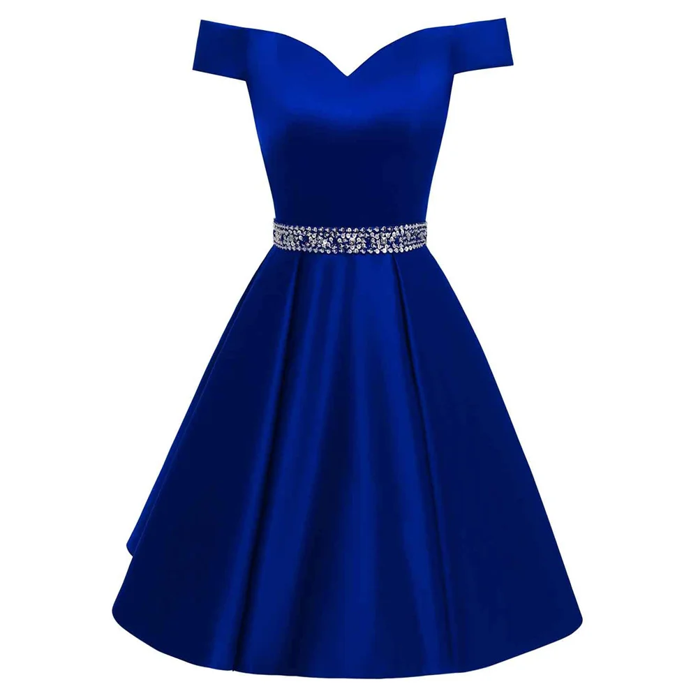 

Short Satin Beading Crystals Boat Neck Knee Length Bridesmaid Dresses Wedding Party Evening Prom Homecoming Cocktail Lace Up