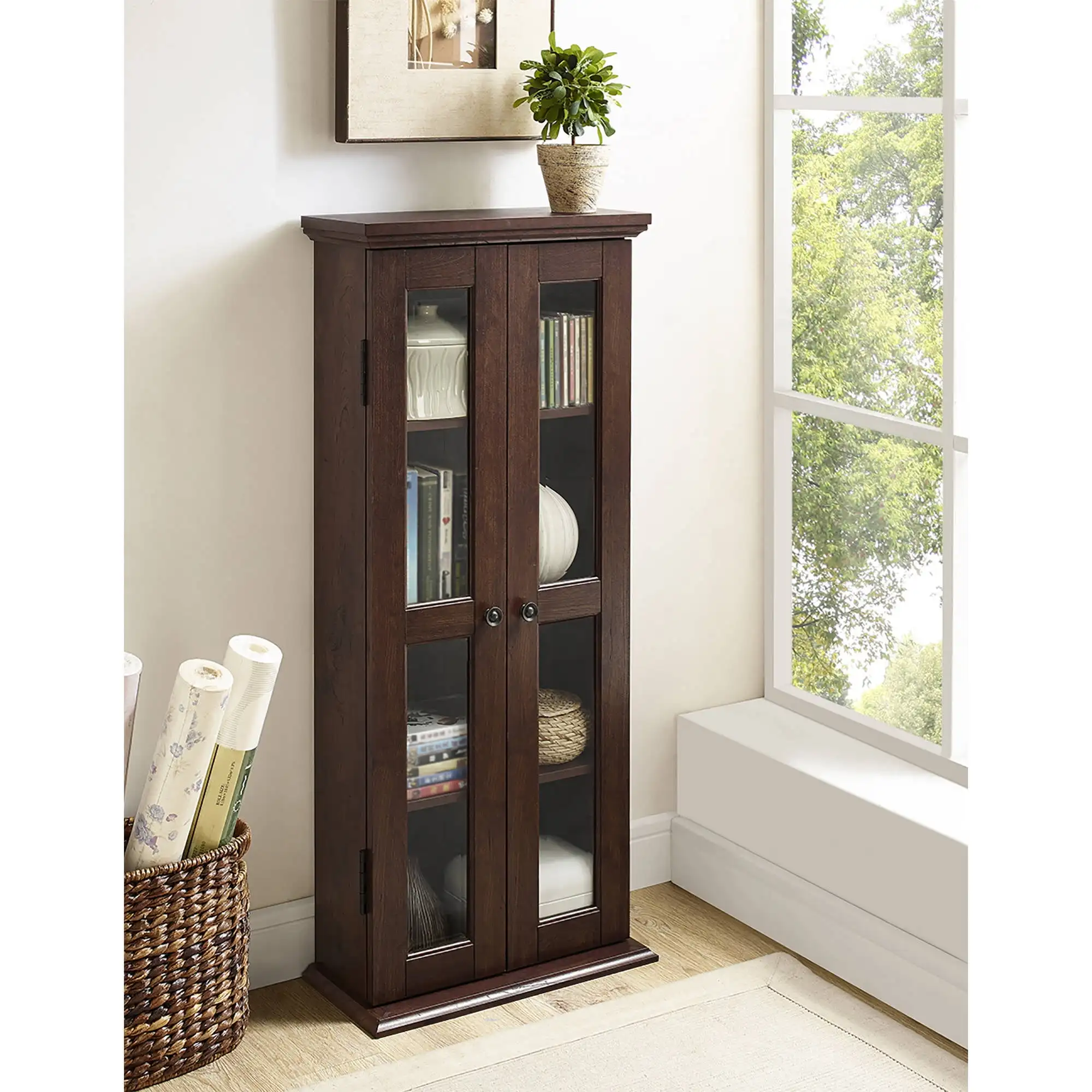 

Walker Edison CD, DVD, Blu-Ray Media Tower Storage Cabinet, Brown Modern Storage Display Cabinet for Living Room, Kid’s Room