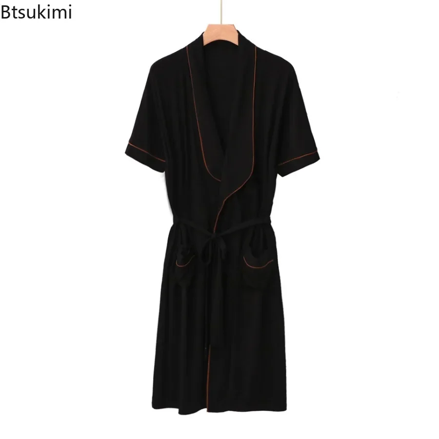 2024 Men's Plus Size Home Clothes Short-sleeved Cardigan Mid-length Men Kimono Bathrobe with Belt Drapey Pajamas Bathrobe Male