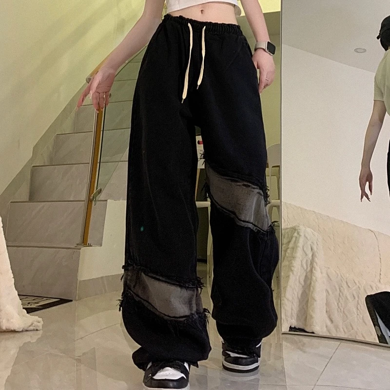 Deeptown Hippie Grunge Black Jeans Women Harajuku Kpop Patchwork Wide Leg Denim Pants Korean Style Streetwear Oversize Trousers