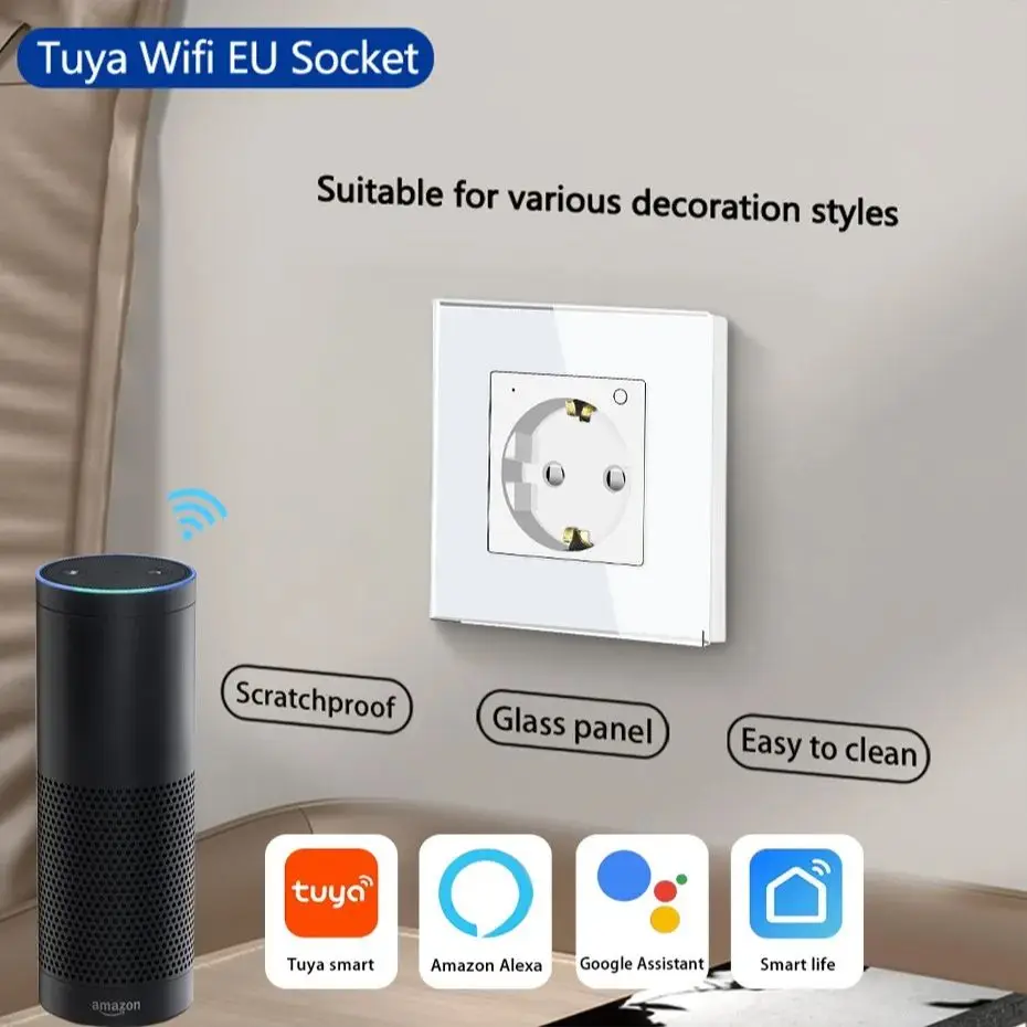 SRAN Wifi Smart Socket EU 220V, Tempered Glass Panel Wall Outlet