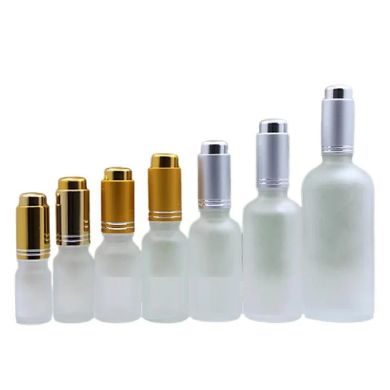 

5ml -100ml Frost Glass Refillable Bottle Gold Silver Press Pipette Lid Empty Essential Oil Cosmetic Essence Perfume Vials 15pcs