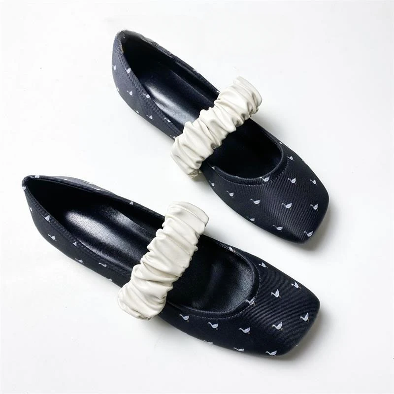 Swan Print Ballet Flats Shoes for Women Elegant Square Toe Elastic Band Mary Janes Shoes Ladies Shallow Spring Autumn Loafers 4