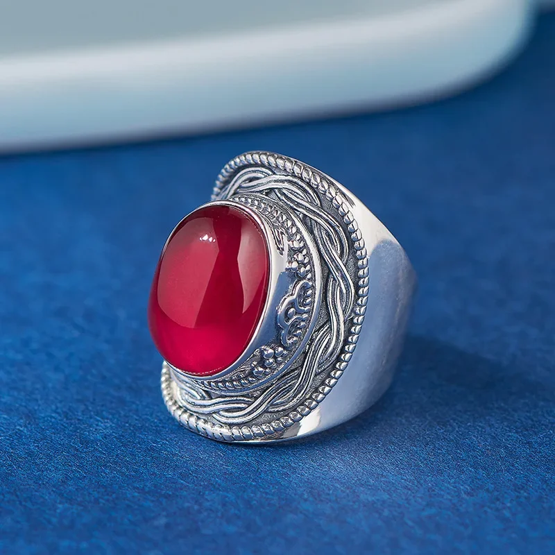 S925 sterling silver charms rings for women men new fashion ancient Weaven pattern inlaid Oval corundum jewelry free shipping