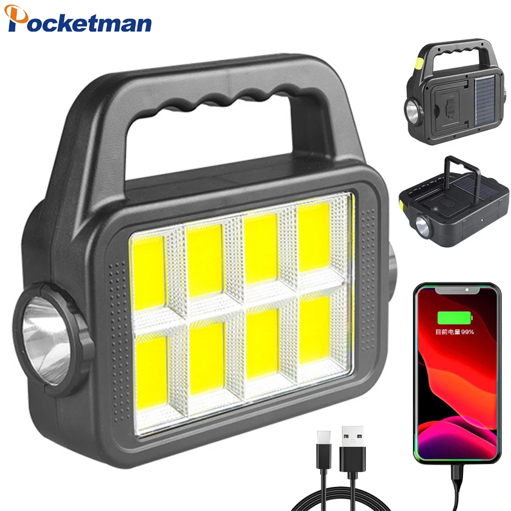 Powerful Solar COB Work Light Spotlight USB Rechargeable Camping Lantern Outdoor 7 Modes Searchlight Power Bank Floodlight Torch
