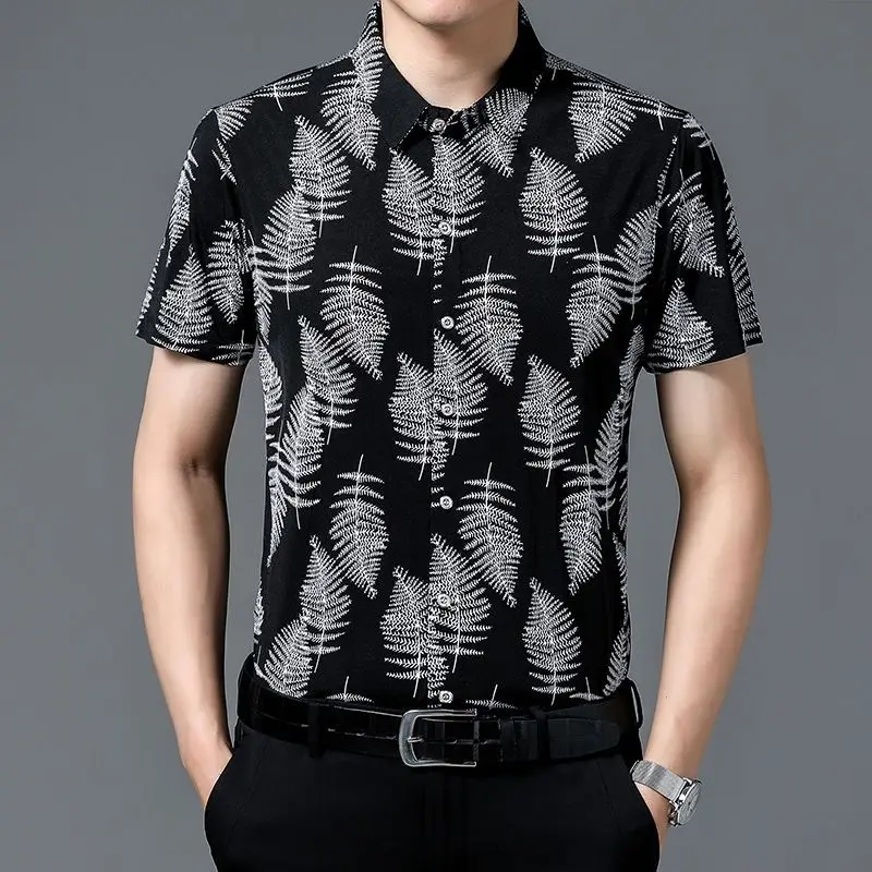 

Summer New in Vintage Shirt Men Short Sleeve Printed Button Turn-down Collar Ice Silk Casual Loose Cotton Fashion Tops