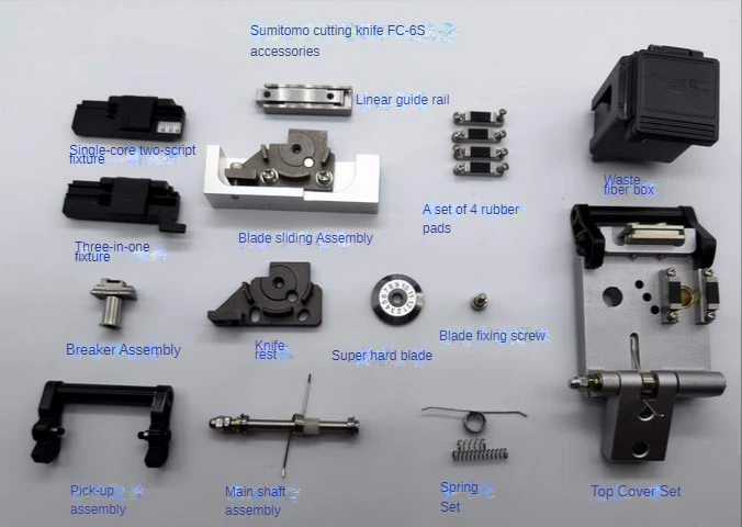 fc 6s optical fiber cutter fc 6s slider assembly fc 6s blade bracket blade screwdriver linear guide Optical fiber cutter FC-6S accessories Blade rest slider assembly Break rubber pad clamp Lifting rod