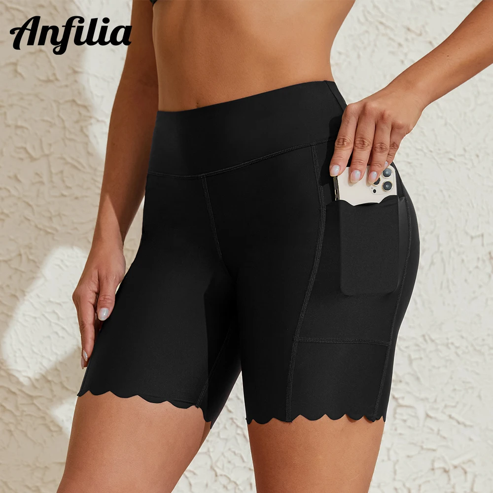 Anfilia Women Swimming Trunks Solid High Waist High Elastic Scalloped Trim Handy Pockets Seamless Linning Tankini Bottom