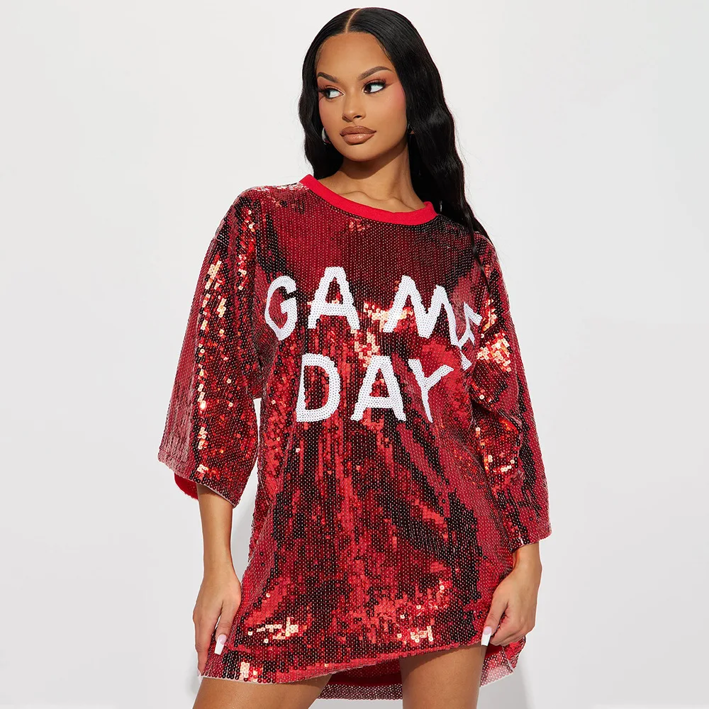 Half Sleeve Baggy Sequin Pullovers T Shirt Dress Paillette 2023 Summer