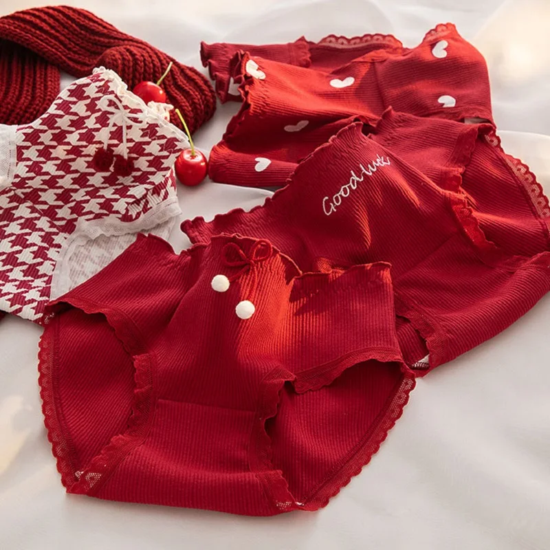 

Red Underwear For Women's Birth Sign 4PCS 100% Cotton Antibacterial Panties Mid Rise Lace Lingeries For Woman