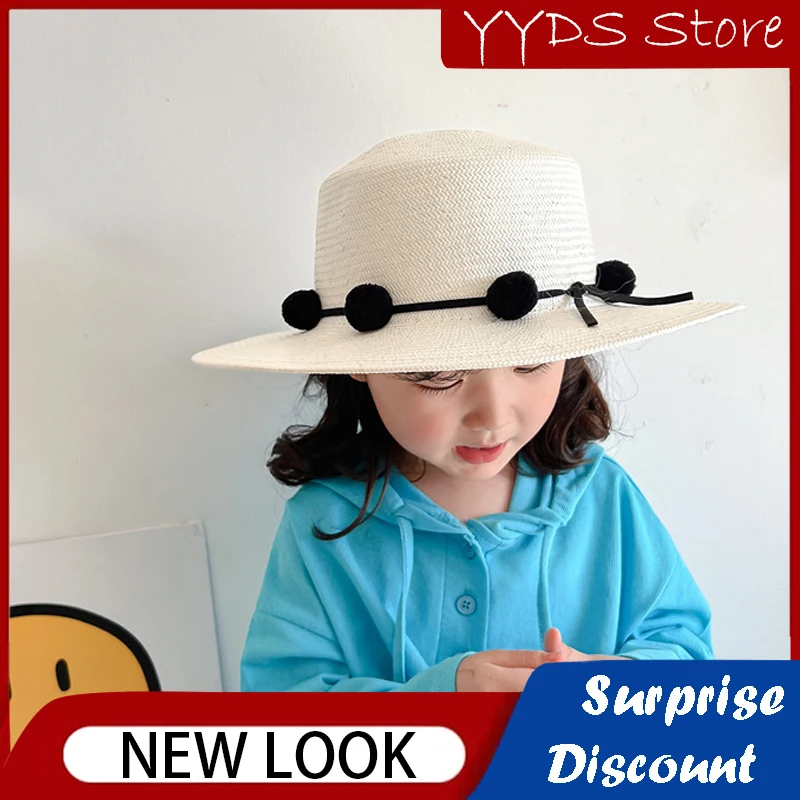 Japanese Parent-Child Brand Kids Girls Wide Brim Straw Woven Sun Protection Beach Hat Pompom Ball Summer Bucket Cap панама kids girls large wide brim straw woven sun protection beach hat colorful pompom ball summer floppy bucket cap baby accessories