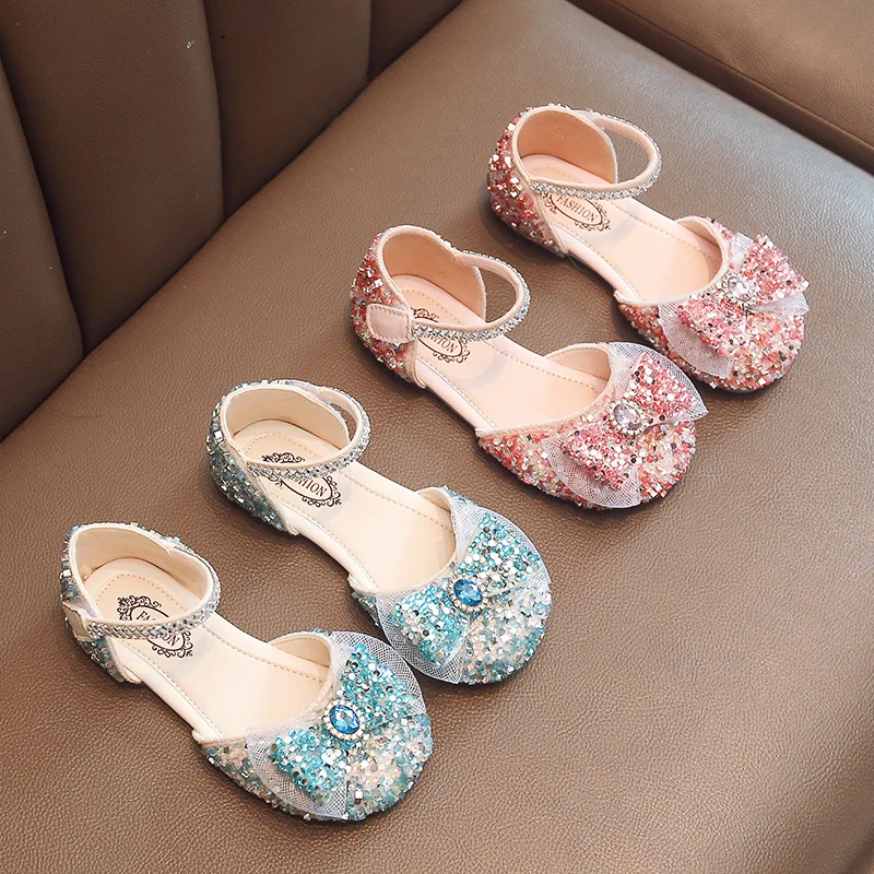 

Summer Girls Sandals Fashion Sequins Rhinestone Bow Girls Princess Dance Shoes Baby Girl Shoes Flat Heel Sandals Size 23-36