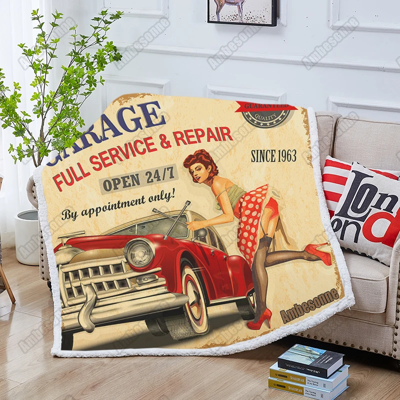 

Vintage Garage Retro Poster Sherpa Blanket Beatiful Women and Car Bed Blanket for Half Time Plush Mantas Dropship Quilt for Sofa