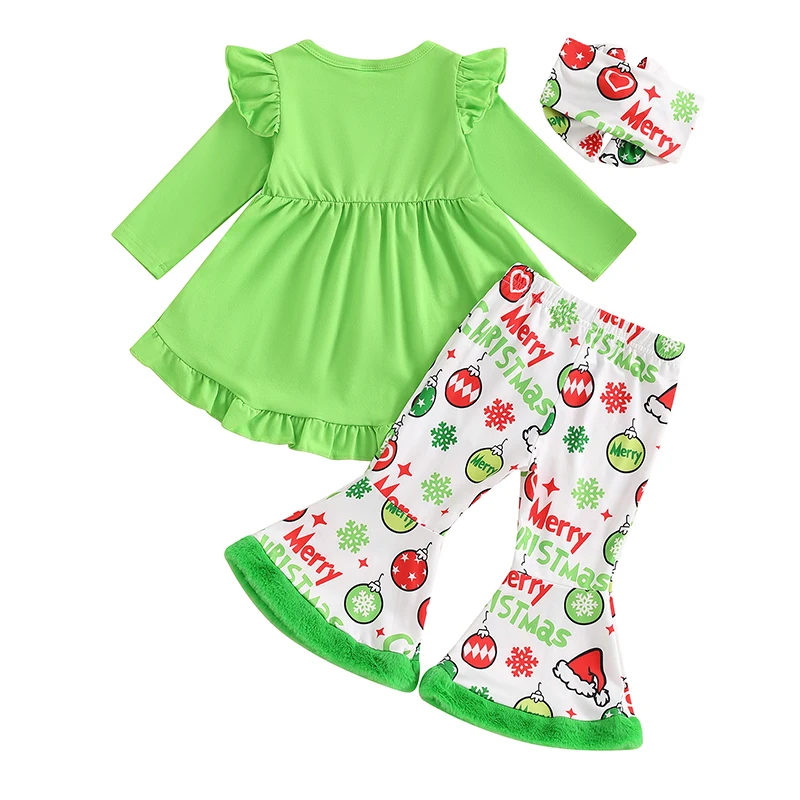 Focus norm 1-6y kleine Mädchen 3pcs Weihnachts kleidung setzt Langarm Herz druck Rüschen Kleid Tops Flare Hosen Stirnband – Detail 6