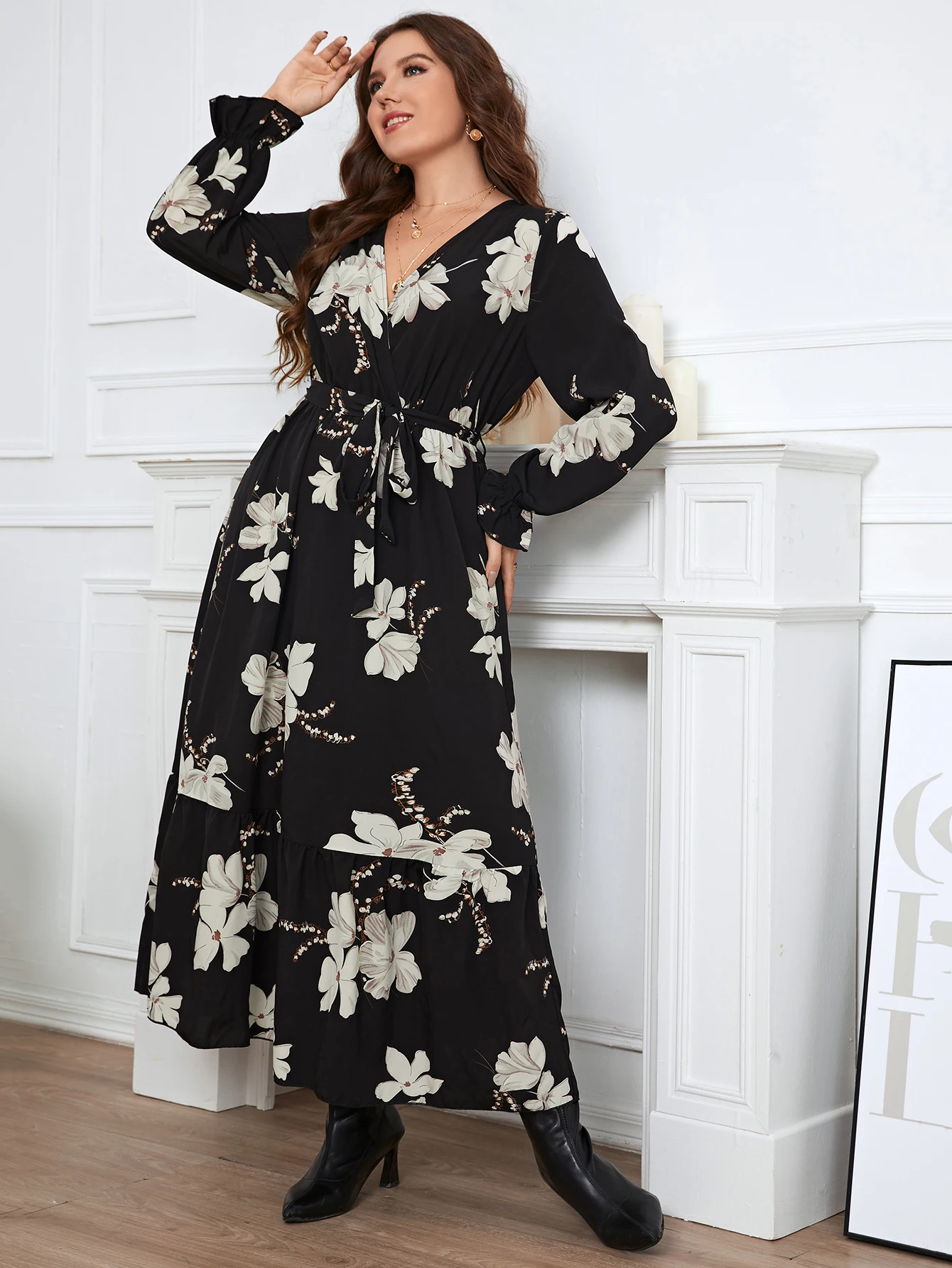 KEBY ZJ Plus Size Women Clothing Puff Long Sleeve Maxi Dress Casual Black Printed Chiffon Spring Autumn Lady Elegant Party Dress
