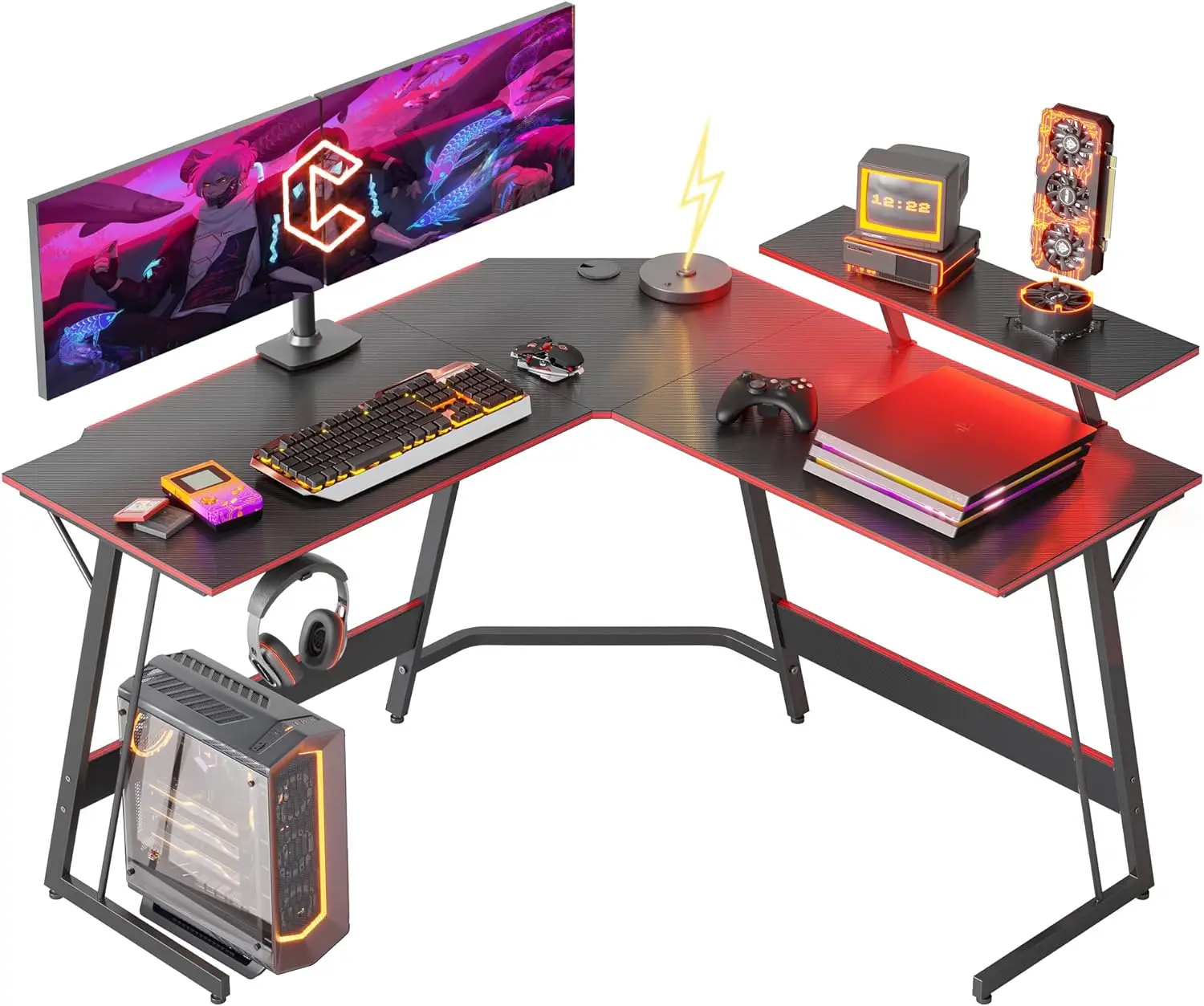 

Gaming Desk 50.4\u201D with LED Strip & Monitor Stand, L Shaped Computer Desk Carbon Fiber Surface Gaming PC Table with Cabl Dis