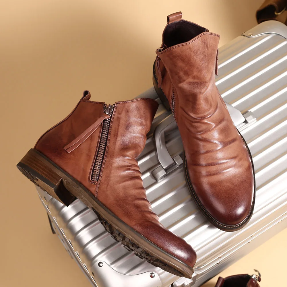 Autumn Men's Shoes Fashion Leather Boots Double Side Zipper Non-Slip Sole Casual Large Size 38-48