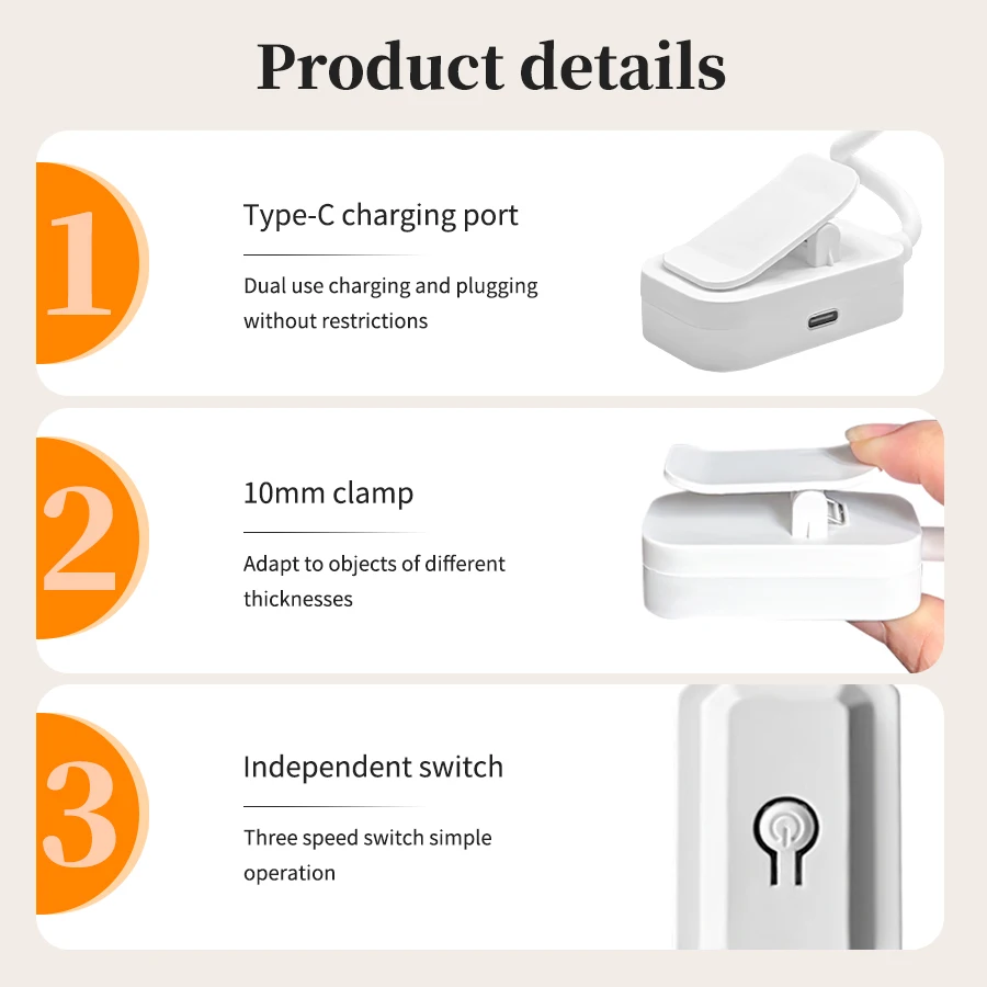 Portable Rechargeable LED Desk Lamp with Clip - Eye Protection and 3 Color Modes for Study, Reading, and Bedroom Ambiance