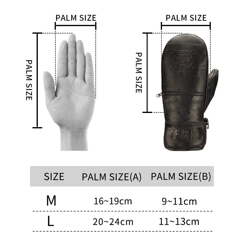 TERROR LEATHER MITTEN pure goat leather Ski gloves Mitten-3M Thermolite Warm -30&deg; cold resistance Five inner fingers Waterproof