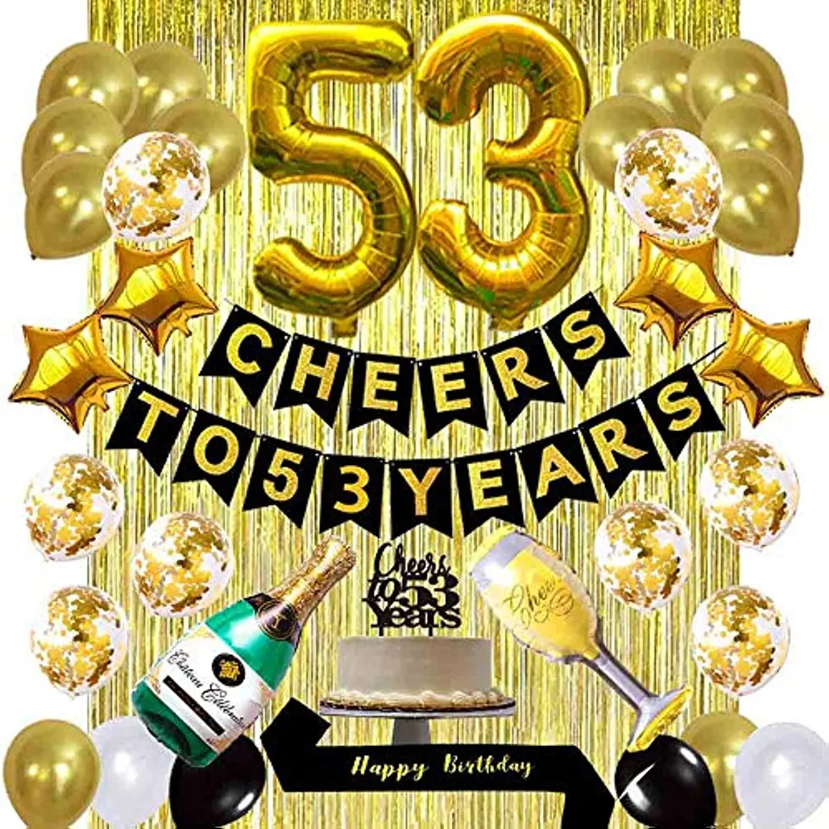 

Gold 53rd Birthday Decorations Kit, Cheers To 53 Years Banner Balloons 53rd Cake Topper for 53 Birthday&Anniversary Decorations