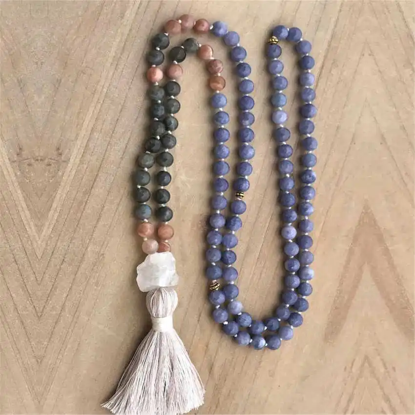 8mm Natural Labradorite 108 Beads Tassel Knot Necklace BridalMeditation Women Fashion Prayer Gift Unisex Metal
