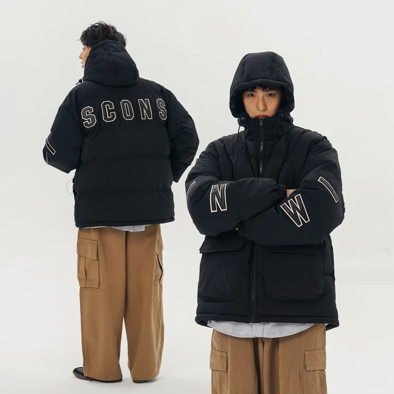 Street Style Men's Winter Letter Embroidery Hooded Cotton-Padded Jacket Unisex Parkas Thick Warm Solid Color Fashion Windbreaker