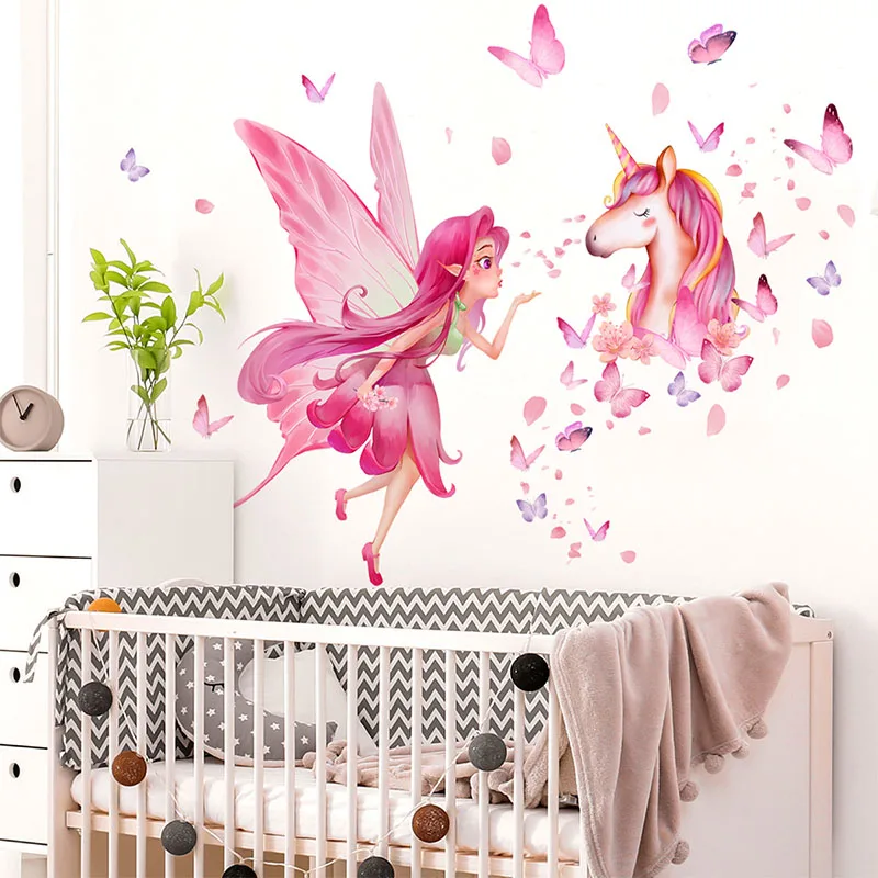 

Cartoon Fairy Elf Unicorn Butterfly Children's Room Bedroom Living Room Background Wall Stickers Decorative Wall Stickers