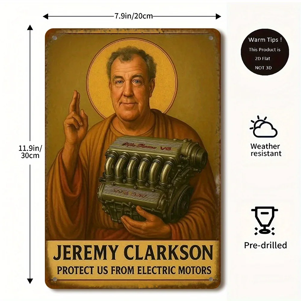 1pc Vintage Jeremy Clarkson Racing Car Metal Poster Heavy-Duty Garage Decor with Top Gear Inspired Design