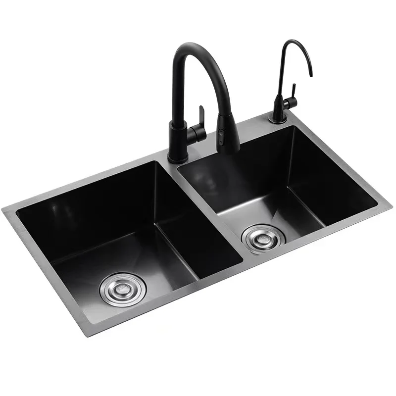 

Handmade Stainless Steel Black Nano Sink Fading Double Bowl Undermount Kitchen Sink