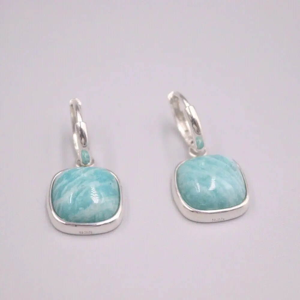 

Fine Pure S925 Sterling Silver Blue Amazonite Women Square Hoop Earrings